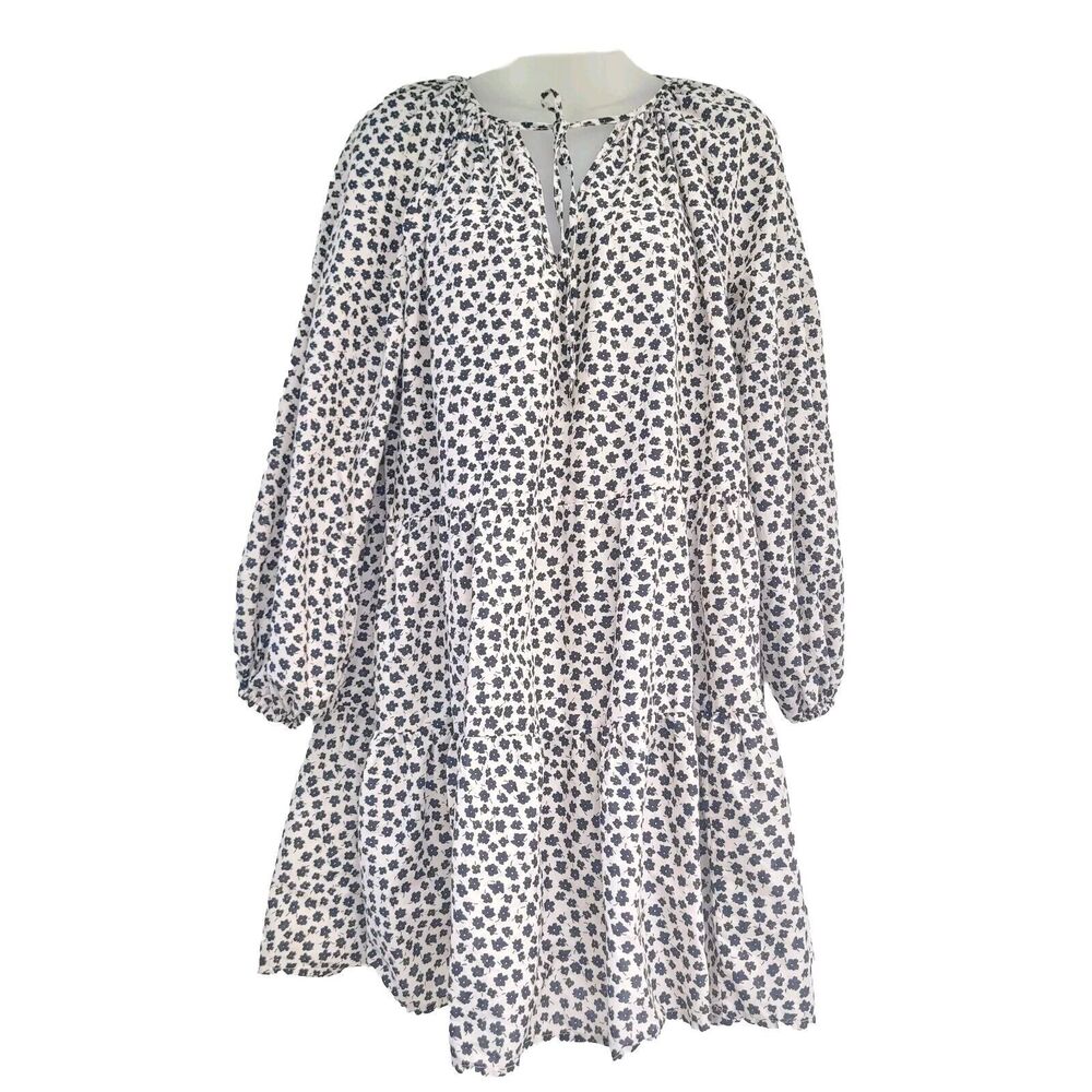 H&M Light Beige Black Floral Print Balloon Puff Sleeve Dress XS, 33" Long